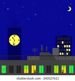Cat and dog sitting on roof of big house of big city looking on stars and moon