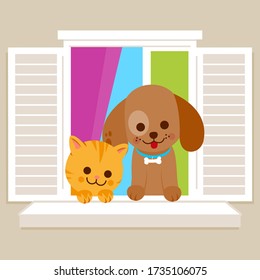 Cat and dog sitting on a window sill. Vector illustration