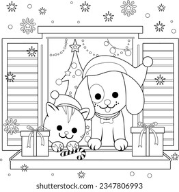 Cat and dog sitting on a window sill at Christmas. Vector black and white coloring page.