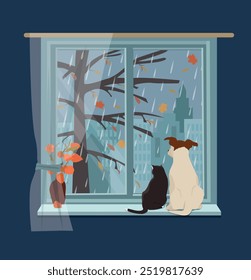 Un gato y un perro están sentados en el alféizar de la ventana y mirando el paisaje lluvioso del otoño. Ilustración vectorial.