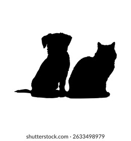 Cat and a dog sitting silhouette icon vector flat design on white background