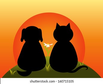 Cat And Dog Sitting Together On The Hill And Watch The Sunset