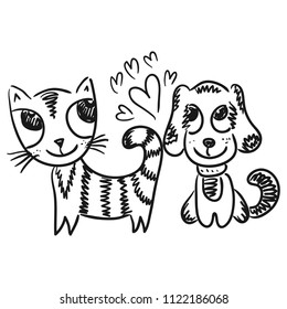 Cat and dog. Sketch. Vector illustration