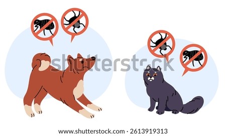 Cat and dog with skin parasite problems. Pets suffer from mites and lice. Pest forbidden icon. Stop symbol. Animals flea. Bloodsucker circle pictogram. Fur bugs warning