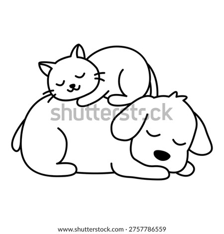 Cat and dog sleeping together in line style. Illustration of a cute cat sleeping on the back of a cute dog in line style. Cute sticker
