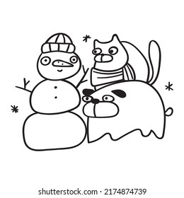 Cat and dog and snowman. 
Hand drawn outline vector illustration on white background.