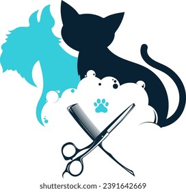 Cat and dog with soap bubbles, scissors, comb. Grooming symbol design