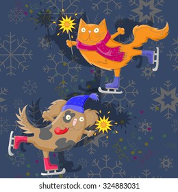 The cat and the dog with sparklers skate on abstract background with snowflakes
