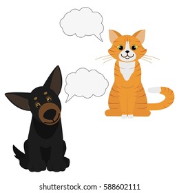 Cat and Dog. Speech bubbles. Domestic animals. Favorite pets. Best friends. Isolated on white background. Flat vector illustration