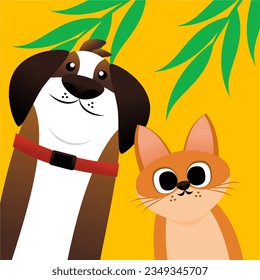 cat and dog standing together playful vector illustration, background, animal friendship