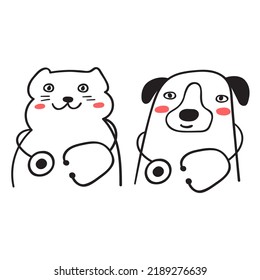 Cat and dog with stethoscopes. Vector illustration on white background.