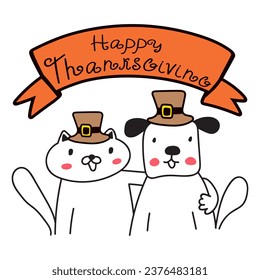 Cat and dog together celebrate Thanksgiving day. Vector illustration on white background. 