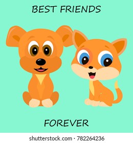 Cat and Dog together on green background. Best friend forever. Vector illustration. Isolated