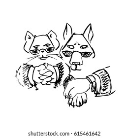 Cat and dog together  in sunglasses in cartoon style. Hand drawn sketch vector illustration on white background. Black & white.