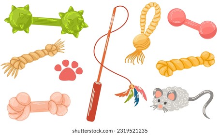 Juguetes de perro de gato. Juegos de juguetes animales. Variedad de tiendas de mascotas, accesorios animales. Ilustración vectorial plana aislada en fondo blanco