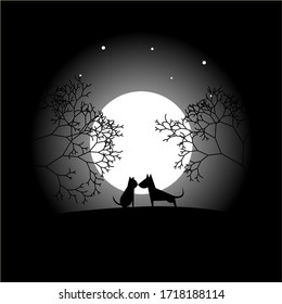 cat and dog under the moon illustration vector design for halloween