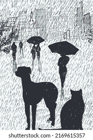 gato y perro bajo la ilustración del vector de lluvia, fondo de pantalla y fondo