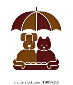 Cat and dog under an umbrella