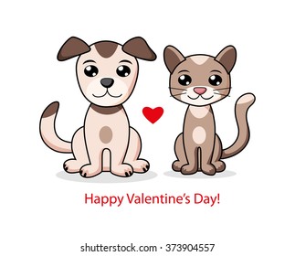 A cat and a dog. Valentines day card.