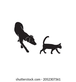 Cat and dog vector illustration. Black dog following black cat. Cat and dog silhouette vector illustration