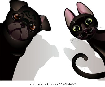 Cat And Dog. The Vector Illustration Of Peeking Out Black Cat And  Black Dog.