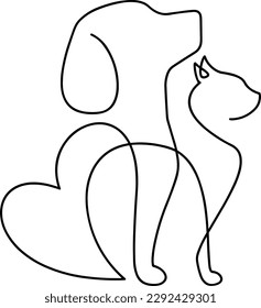 Cat and dog - vector illustration (sketch), one-line silhouette without background (clipart)