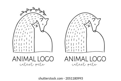 Cat Dog vector logo in line art hand drawn style. Domestic pet care, vet clinic, grooming, zoo shop, animal shelter. 