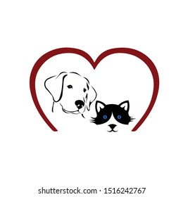 Cat and dog vector with red line heart.