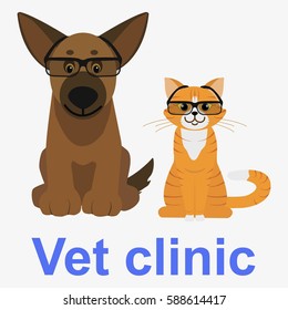Cat and Dog. Vet clinic logo. Domestic animals. Favorite pets. Best friends. Isolated on white background. Flat vector illustration