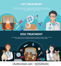 Cat and dog veterinary treatment surgical procedures medication pet insurance 2 flat horizontal banners isolated vector illustration 