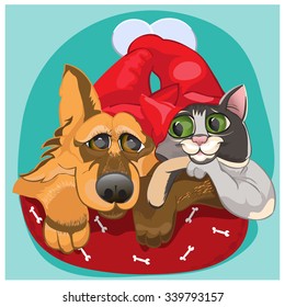 Cat and dog waiting for new year and tasty food.Vector