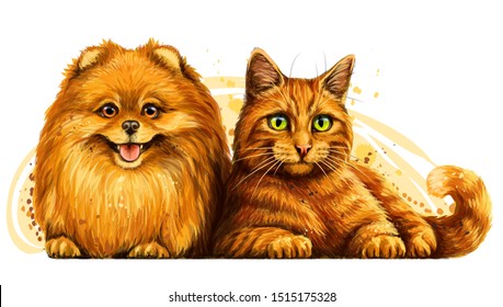 Cat and dog. Wall sticker. Graphic, artistic, color drawing of a cat and a dog  on a white background with splashes of watercolor.