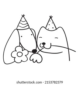 Cat and dog wearing birthday hat. Animals with flowers. Outline vector illustration on white background.