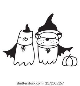 Cat and dog wearing costumes for Halloween. Outline vector illustration on white background.