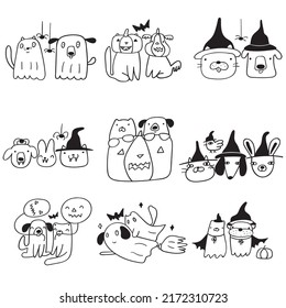 Cat and dog wearing costumes on Halloween. Set of outline icons. Vector illustrations on white background.