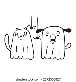 Cat   dog wearing ghost costumes  Vector outline illustration 