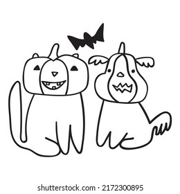 Cat and dog wearing pumpkins on their heads. Costumes for Halloween. Outline vector illustration on white background.