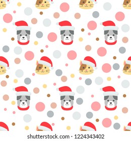 cat and dog wearing santa hat, Christmas  editable outline doodle illustration in flat design.