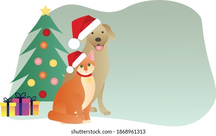 Cat and dog wearing santa hat and christmas tree with presents