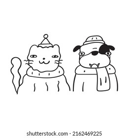 Cat and dog wearing winter hats and scarves. Outline illustration. 