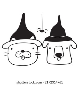 Cat and dog wearing witches hats for Halloween party, Outline vector illustration.