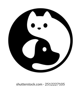 Cat and dog yin yang logo. Cute and simple black and white cartoon pets in circle shape. Minimal vector illustration.