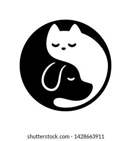 Cat   dog yin yang symbol  Cute   simple black   white cartoon pets in circle  Minimal vector illustration 