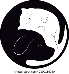 cat and dog yin yang symbol in black and white color simple vector figure, pet care, dog and cat protection, animal shelter