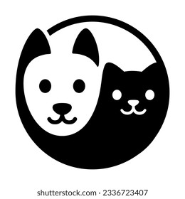 Cat and dog yin yang symbol. Simple and cute cartoon white dog and black cat face. Isolated vector illustration.