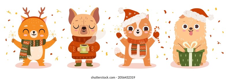 Cat, dogs in Christmas ugly sweaters. Set of pets in winter Xmas outfits. Vector flat illustration