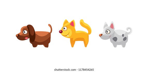 Cat And Dogs, Funny Cartoon Farm Animals, Game User Interface, Element For Mobile Or Computer Games Vector Illustration