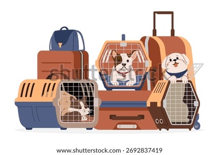Cat and dogs inside pet carriers with suitcases at the background flat vector illustration isolated on white. Traveling with pet.