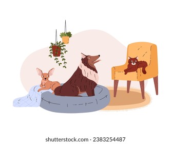 Cat and dogs, pets at home in room, vector illustration isolated on white background. Cute animals in home interiors with armchair, pillow and plants. Drawn in a simple flat cartoon style