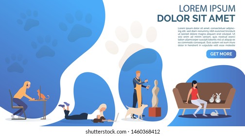 Cat, dogs and rabbits owners having leisure time. Fun, animal, friend concept. Presentation slide template. Vector illustration for topics like lifestyle, pet care